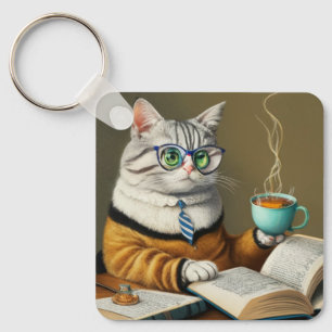 Chaveiro gatos, chá, livros, amante de livros-chave