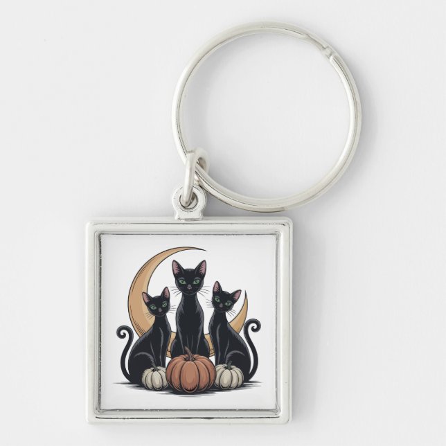 Chaveiro Gatos Pretos Whimsigothia Abóbora Lua Halloween (Frente)