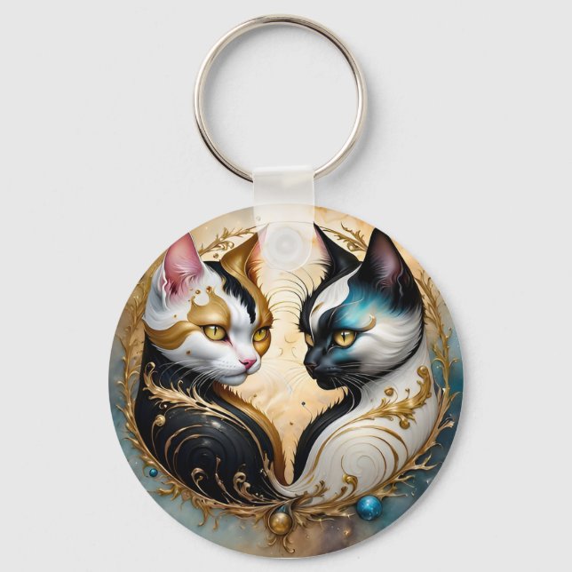 Chaveiro Gatos Yin-Yang com Elementos Cósmicos Mágicos (Frente)