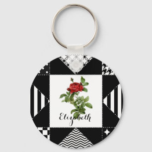 Chaveiro Geométrico preto e branco, com Rosa vermelha e nom