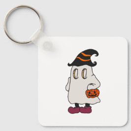 Chaveiro Ghost holding pumpkin and wearing witch hat