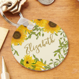 Chaveiro Girassóis Amarelos Nome personalizado floral bege