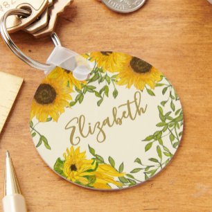 Chaveiro Girassóis Amarelos Nome personalizado floral bege