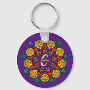 Chaveiro Girassóis e Cogumelos Personalizados Mandala Roxo
