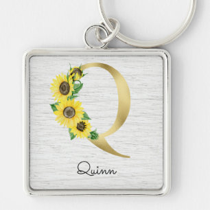 Chaveiro Girassol Floral Inicial Q Dourado Monogramado