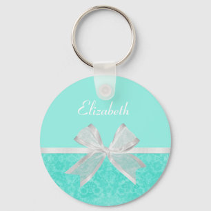 Chaveiro Girly Aqua Turquoise Damask White Ribbon Com Nome
