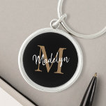 Chaveiro Girly Black Dourado Monograma Name Elegante Chic S<br><div class="desc">Menina Preta Dourada Monograma Nome Elegante Chic Script Chaveiro. Personalize facilmente este moderno chaveiro elegante com o seu monograma e nome personalizados.</div>