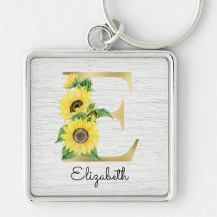 Chaveiro Girly Floral de Girassol Dourado Monograma Inicial
