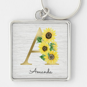 Chaveiro Girly Floral Inicial A de Girassol em Dourado Mono