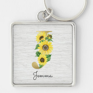 Chaveiro Girly Floral Inicial J de Girassol em Ouro Monogra