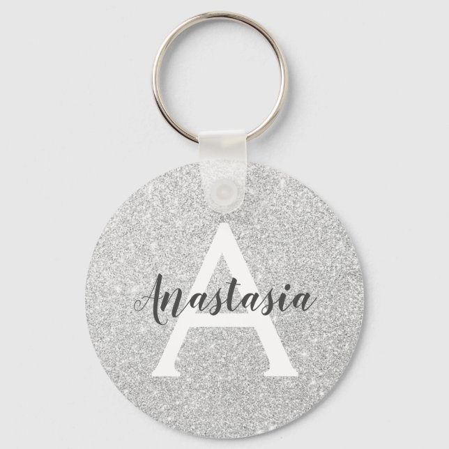 Chaveiro Girly Glam Silver Glitter Sparkles Nome do Monogra (Frente)