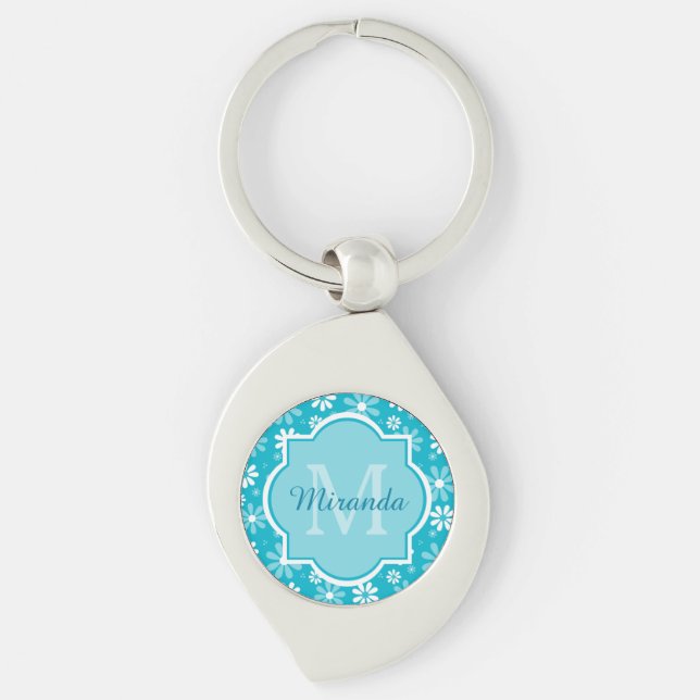 Chaveiro Girly Monogramas Turquoise Daisy Flowers Com Nome (Frente)