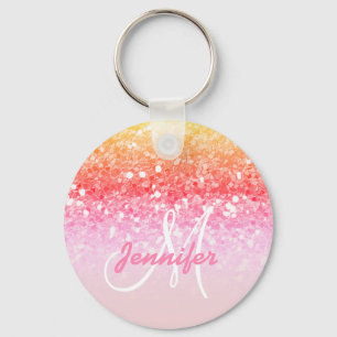 Chaveiro Girly Pink Rainbow Glitter Sparkles Monogram Name
