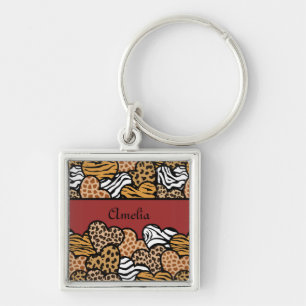 Chaveiro Girly Red Playful Animal Print Hearts Name