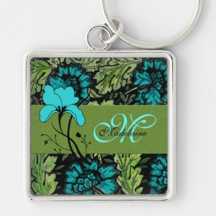 Chaveiro Girly Vintage Floral Blue e Green Monogramas