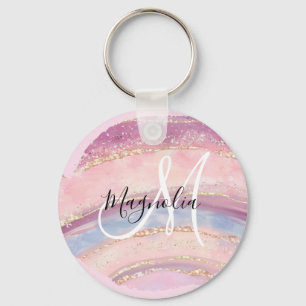 Chaveiro Glam Ouro Rosa Azul Monograma de Pincelada de Pedr