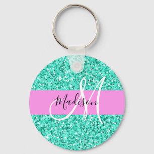 Chaveiro Glam Pink e Aqua Glitter Sparkles Nome do Monogram