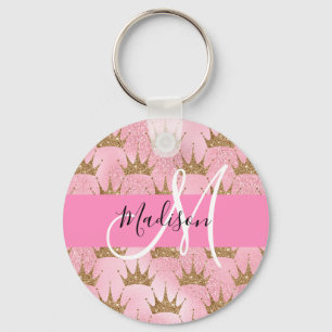 Chaveiro Glam Pink e Dourado Brilhante Brilha Crowns Monogr