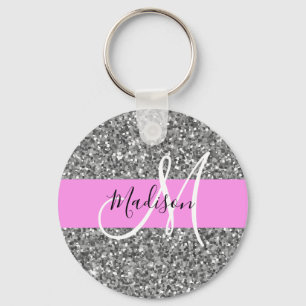 Chaveiro Glam Pink & Silver Glitter Sparkles Monogram Name