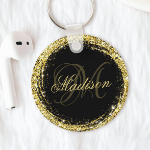 Chaveiro Glam Preto Brilho Dourado Personalizado