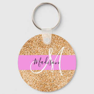 Chaveiro Glam Rosa e Glitter Cobre Brilho Monograma Nome