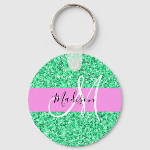 Chaveiro Glam Rosa e Verde Brilho Monograma Nome