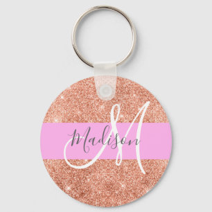 Chaveiro Glamour Feminino Rosa Dourado Glitter Monograma No