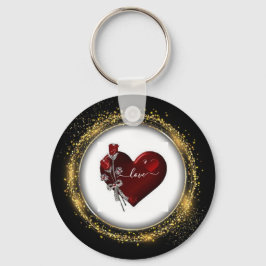 Chaveiro Glitter Diamond e Dourado Namorados Heart Key