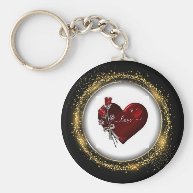 Chaveiro Glitter Diamond e Dourado Namorados Heart Key (Frente)