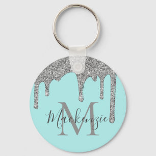 Chaveiro Glitter Glitter Glitter de Prata Azul Aqua Monogra