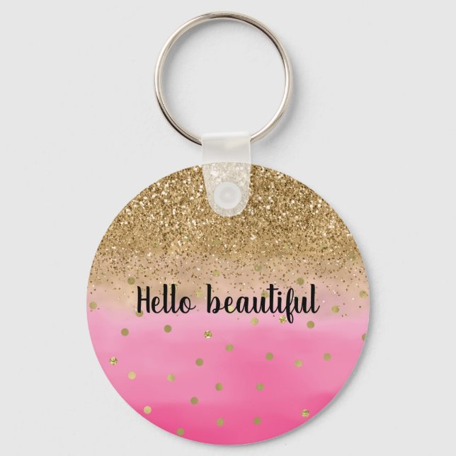 Chaveiro Glitter Glitz Confetti, Dourado, Cor de Água Rosa (Frente)