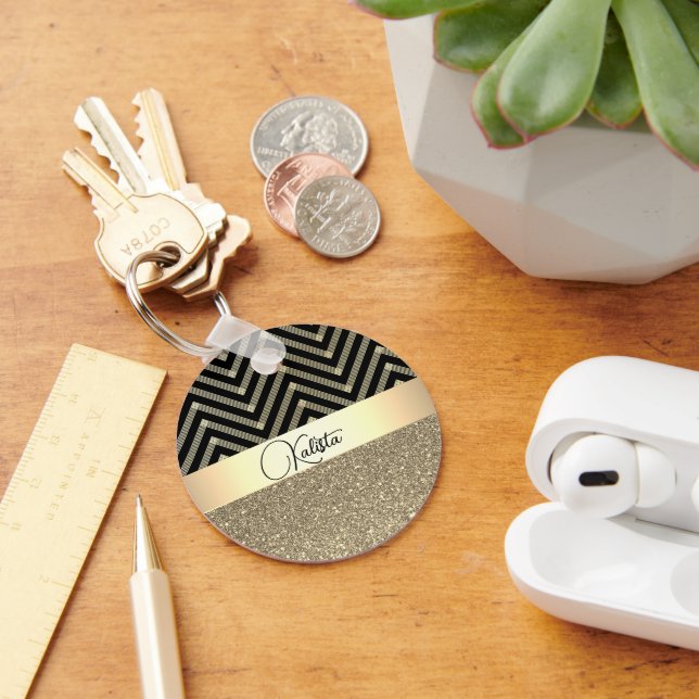 Chaveiro Glittery Dourada e Black Chevron Personalizado (Mesa)
