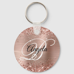 Chaveiro Glittery Rose Gold Folha Fancy Monograma