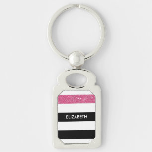 Chaveiro Glitz e nome cor-de-rosa com faixas pretas moderna