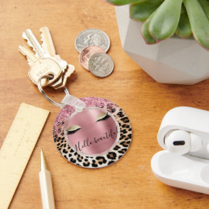 Chaveiro Glitzy Cor de rosa Leve Dourada Eyelashes Leopardo