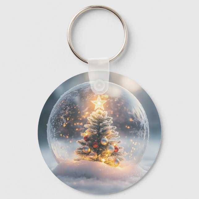 Chaveiro Globo de Neve de Natal Mágico com Árvore Brilhante (Frente)