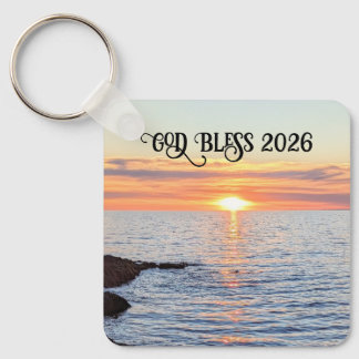Chaveiro God Bless 2026 New Year Golden Sunset Photo Name