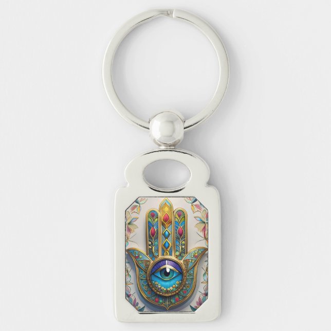 Chaveiro Gold Colorful Filigree Blue-Green Third Eye Hamsa (Frente)