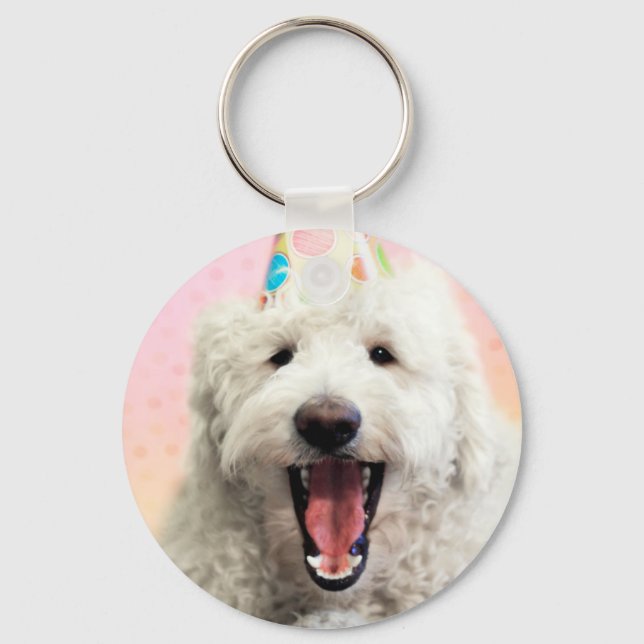 Chaveiro Goldendoodle com chapéu de festa (Frente)