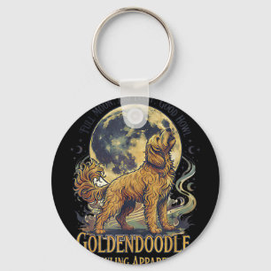 Chaveiro Goldendoodle uivando para a lua arte canina vintag