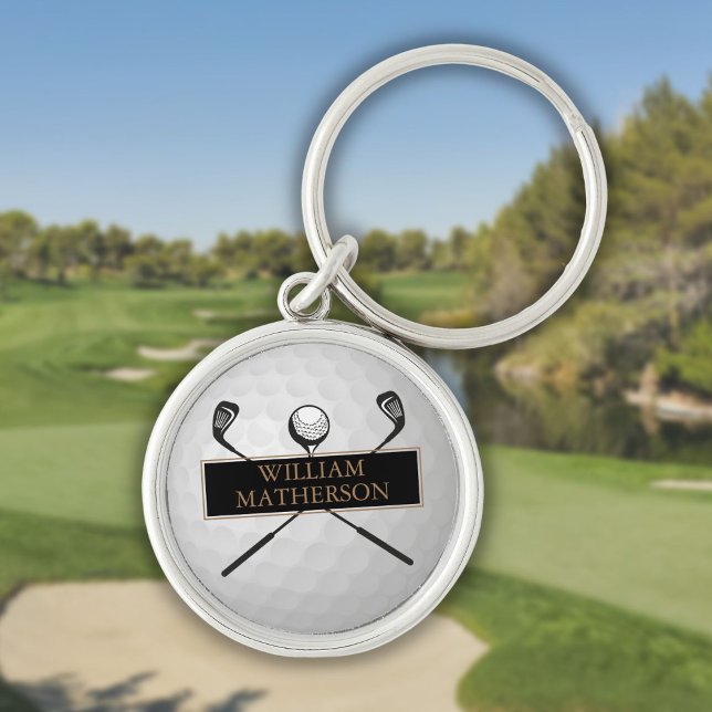 Chaveiro Golfe Dourado e Negro Personalizado e Bola (Personalized Gold and Black Golf Clubs And Ball Keychain)