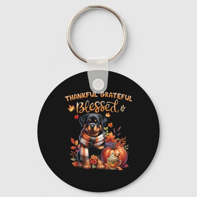 Chaveiro Graças Grata, abençoado Cachorro Rottweiler Queda  (Frente)