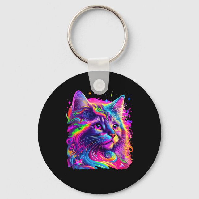 Chaveiro Gráfico de Gato Arco-Íris Colorido (Frente)