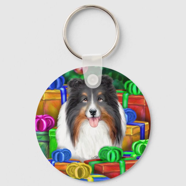 Chaveiro Gráficos Abertos de Natal da Sheltie Tricolor (Frente)