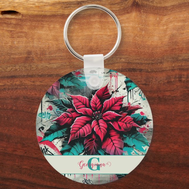 Chaveiro Grafite Grungy Poinsettia Floral Personalizado (Frente)