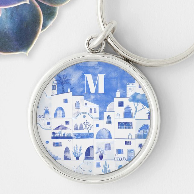Chaveiro Grécia Santorini Monograma de Aquarela (Monogram initial blue and white watercolor Oia Santorini keyring)