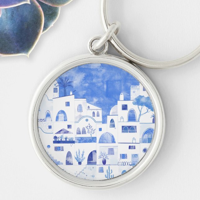 Chaveiro Grécia Santorini Watercolor Towscape (Santorini Oia watercolor painting art key ring)