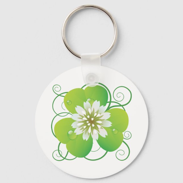 Chaveiro Green Four Leaf Clover with White Floral Bloom (Frente)