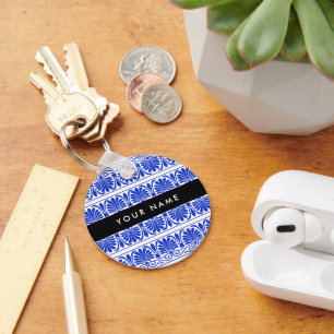Chaveiro Grego Fret Arabesque Azul, Seu Nome, Personalize