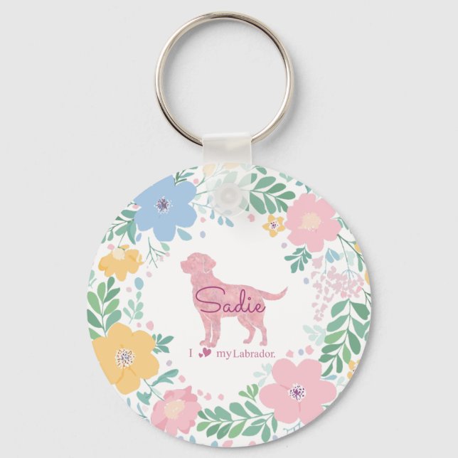 Chaveiro Grinalda de Flores Rosa Pastel Labrador Retriever  (Frente)